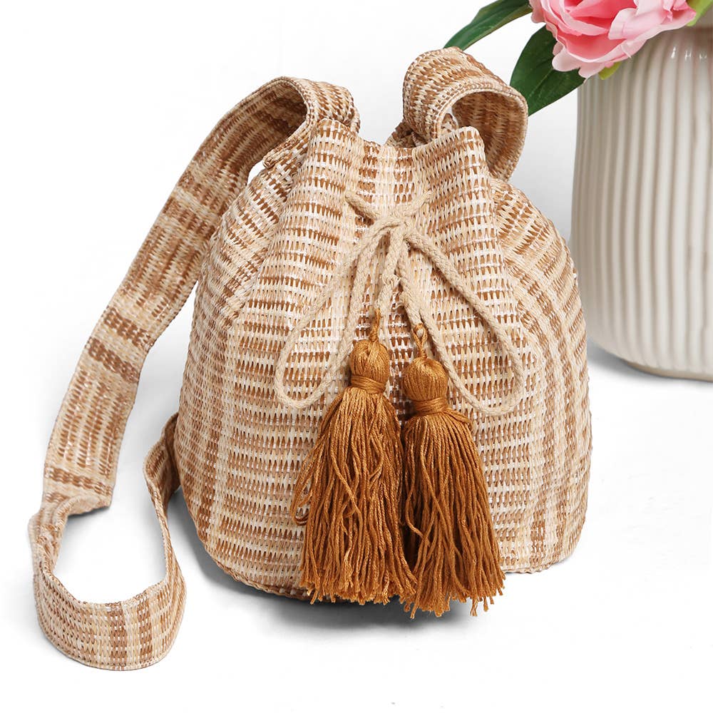 Striped Tassel Crossbody Bucket Bag