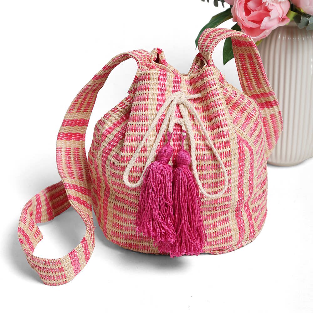 Striped Tassel Crossbody Bucket Bag