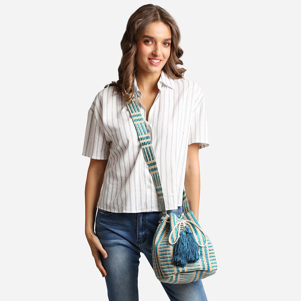 Striped Tassel Crossbody Bucket Bag