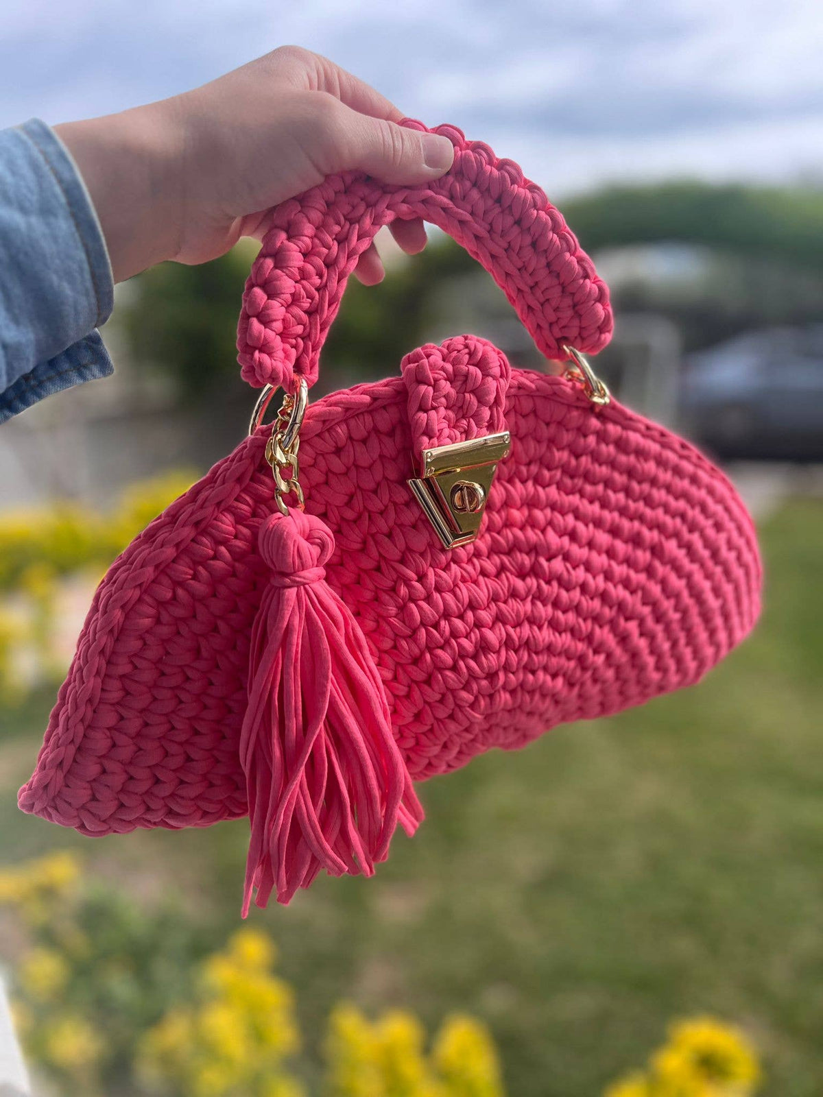 CHQEL Pink Moon Clutch Bag for Women Handmade Crochet Purse