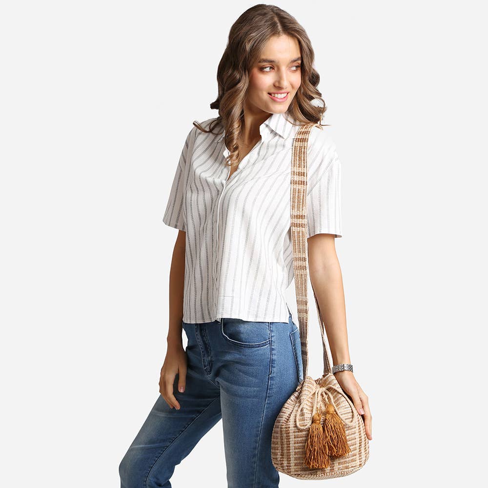 Striped Tassel Crossbody Bucket Bag