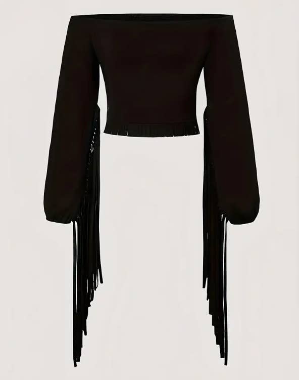 Cowgirl Tassel Slim Blouse One-Shoulder Fringe Crop Top