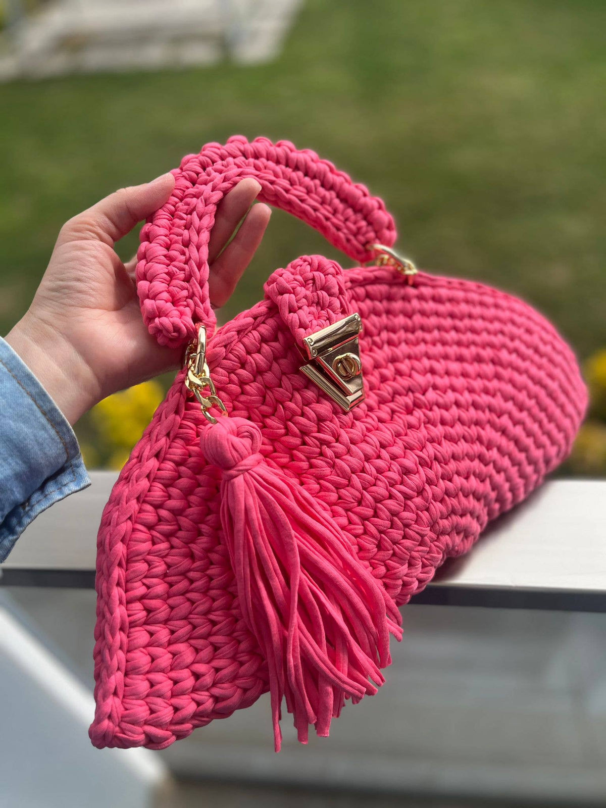CHQEL Pink Moon Clutch Bag for Women Handmade Crochet Purse
