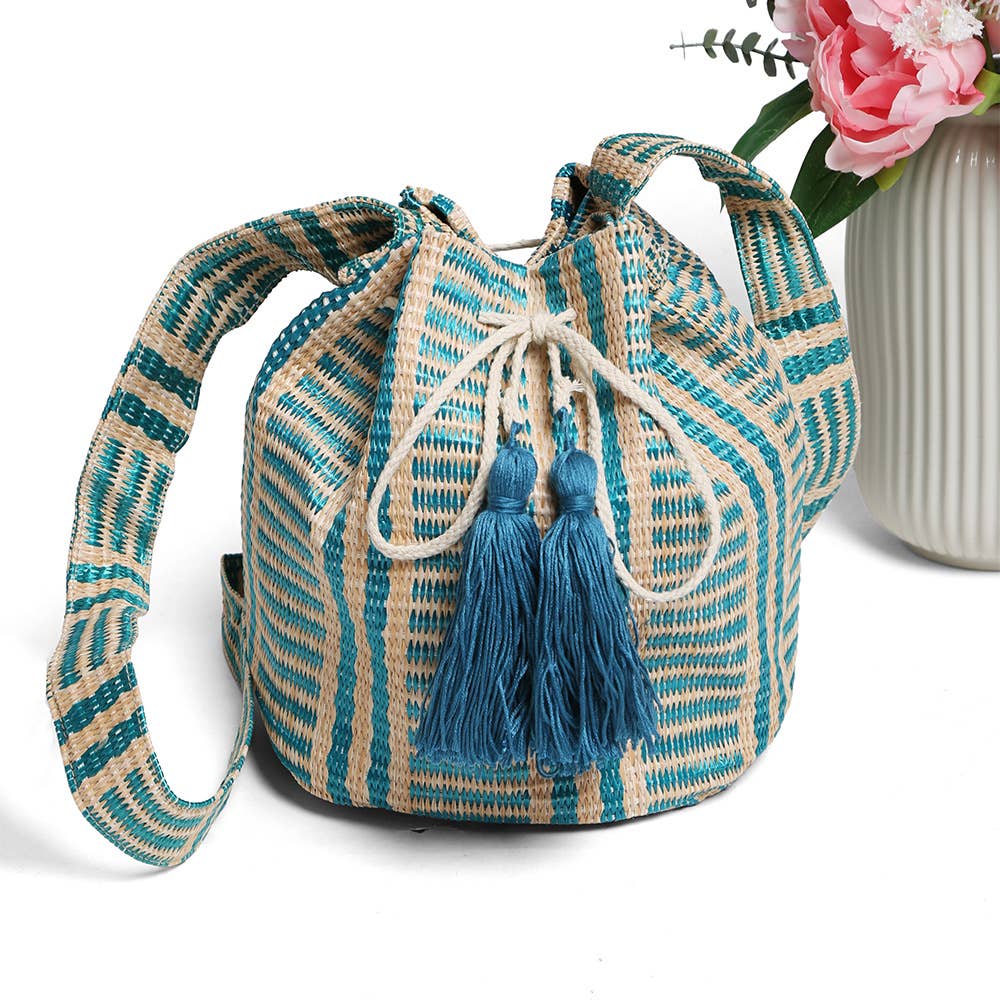 Striped Tassel Crossbody Bucket Bag