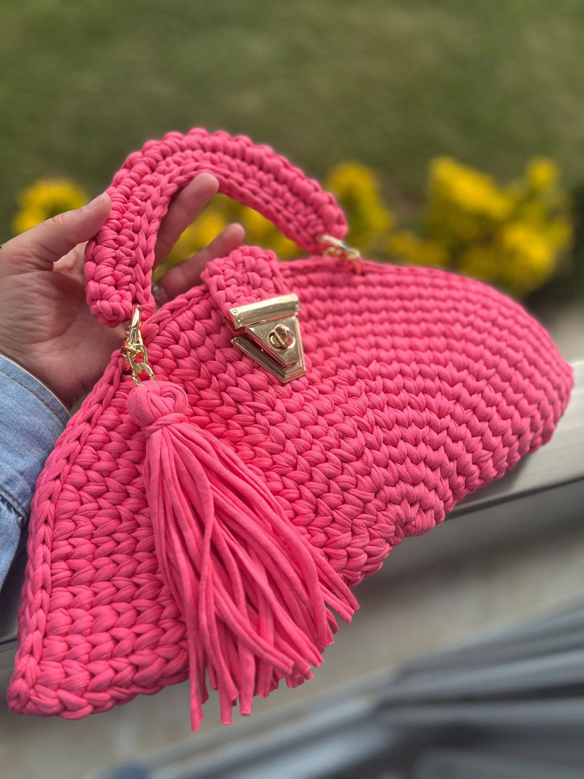 CHQEL Pink Moon Clutch Bag for Women Handmade Crochet Purse